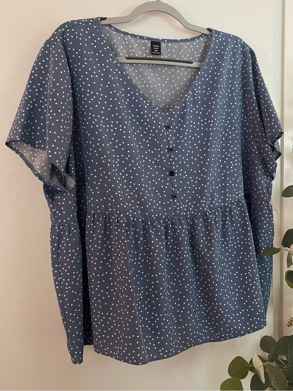 SHEIN Dusty Blue Polka Dot V-Neck Peplum Blouse